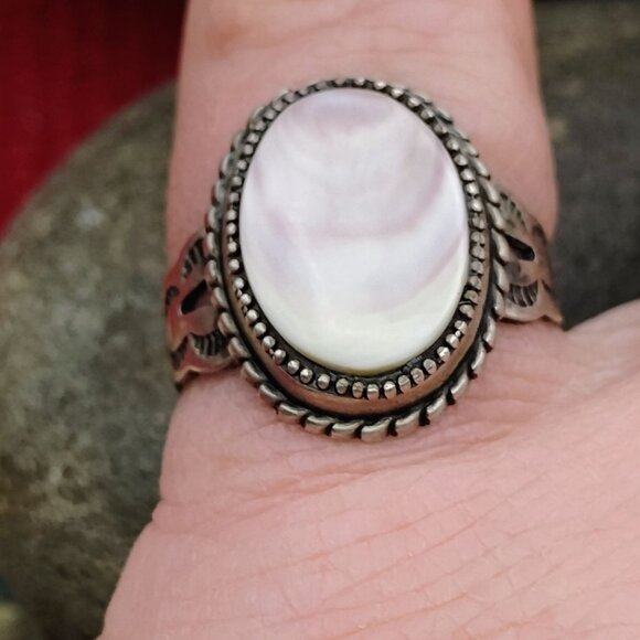 Native Signed AB Sterling Lace Agate Ring Size 6 3/4 or 7 - Picture 2 of 9
